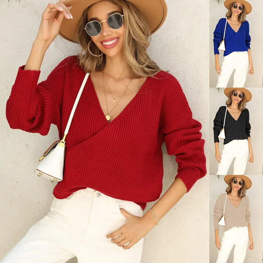 Sweater Women's Solid Color Long Sleeve Knitted Top  Autumn/Winter New V-neck Sweater Women