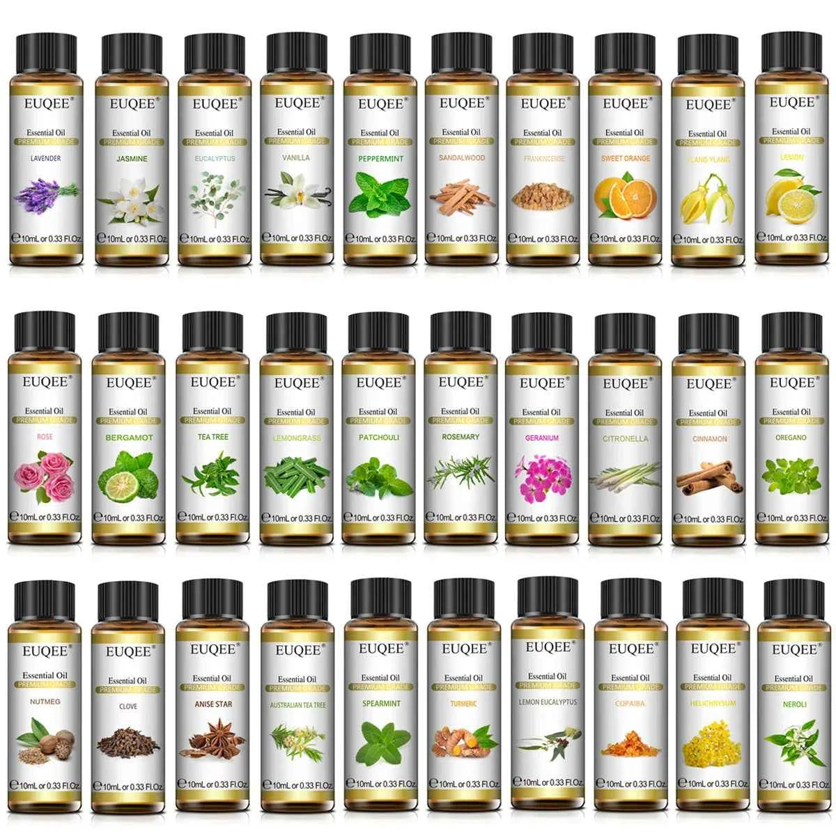 EUQEE 10ml Pure Natural Essential Oil Lavender Jasmine Eucalyptus Vanilla Sandalwood Sweet Orange Lemon Oregano Neroli Fragrance