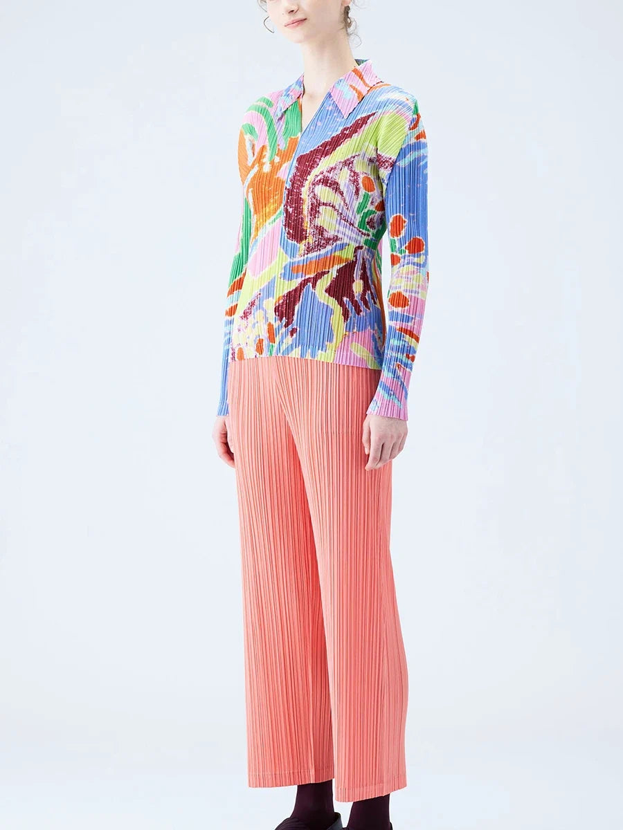 Women Pleated Print Long Sleeve Polo Shirt