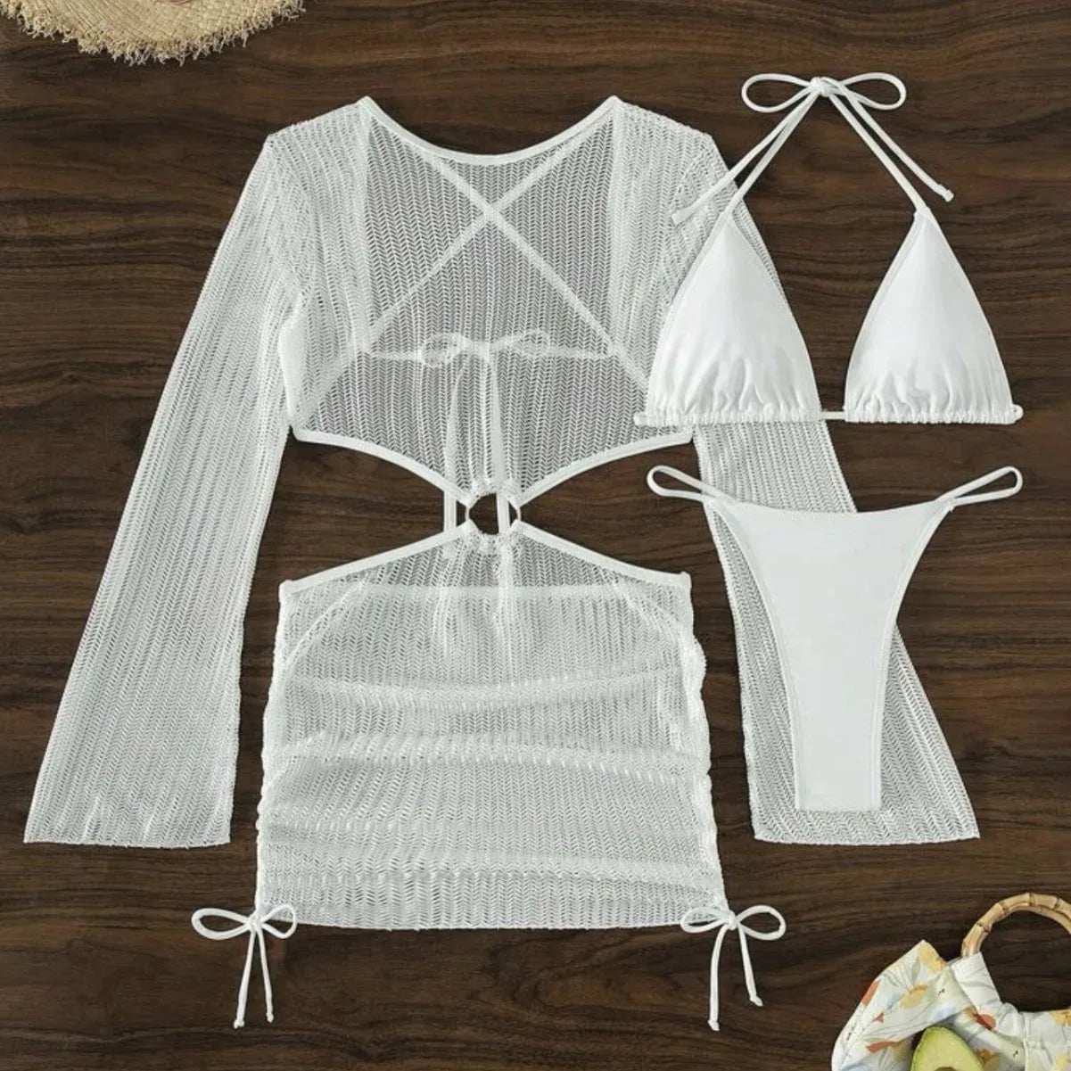 Special Mesh Hollowed Drawstring Strap Swimsuit Swimsuit Bikini Three-piece Set