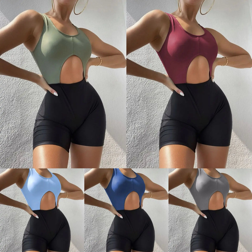 New Solid Color Matching Boxers Hollow One-piece Swimsuit Bikini