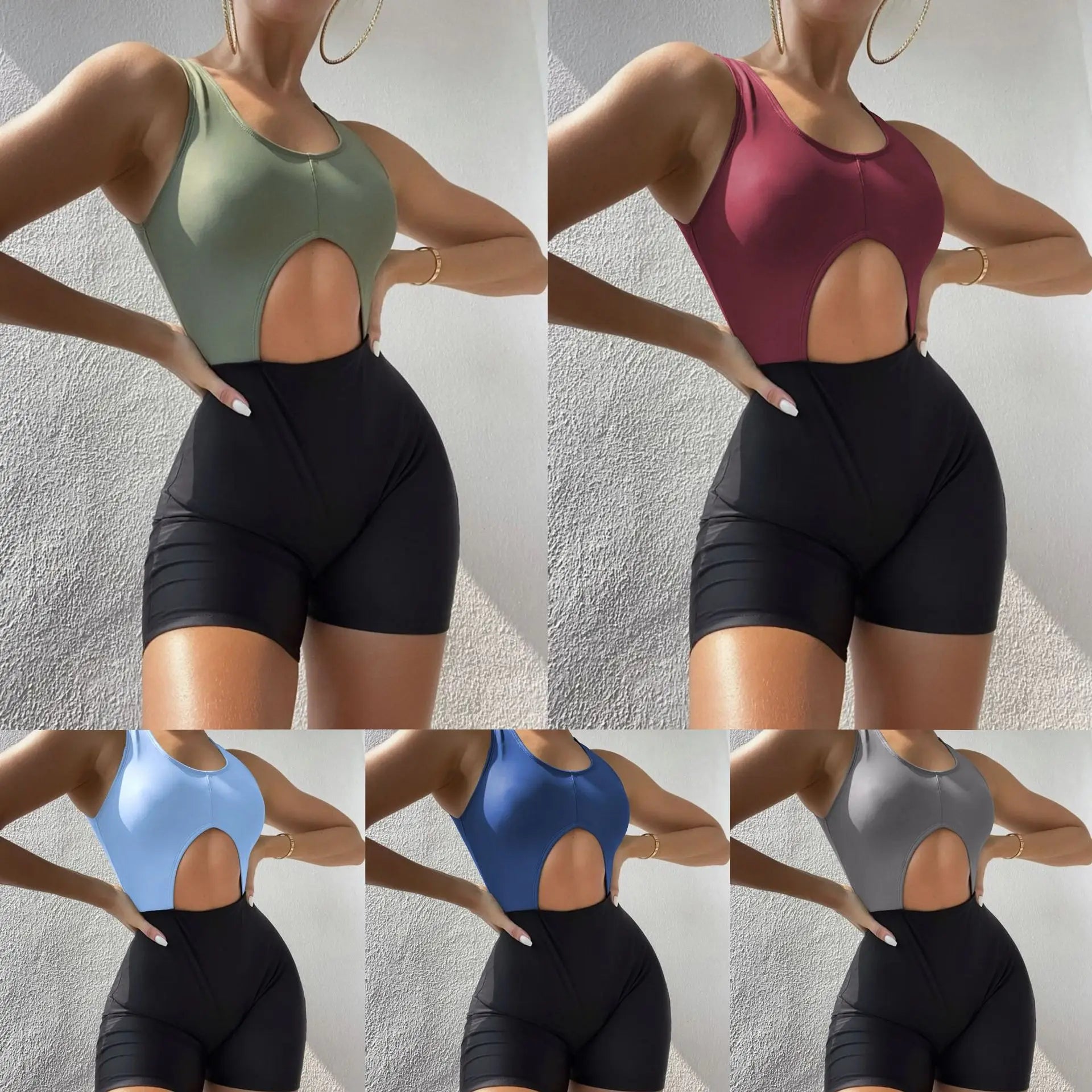 New Solid Color Matching Boxers Hollow One-piece Swimsuit Bikini