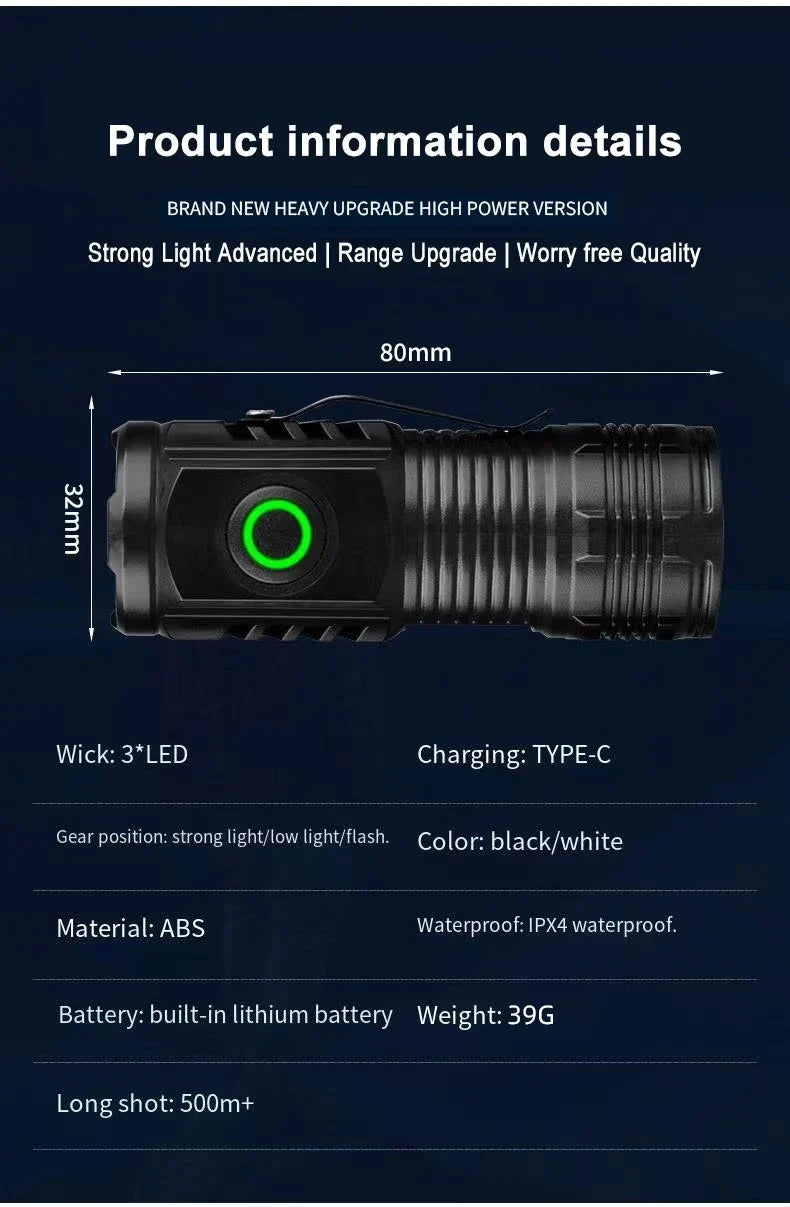 LED Strong Light Flashlight Rechargeable Multi functional for Long Range Portable Outdoor Home Mini Flashlight Cap Clip Light