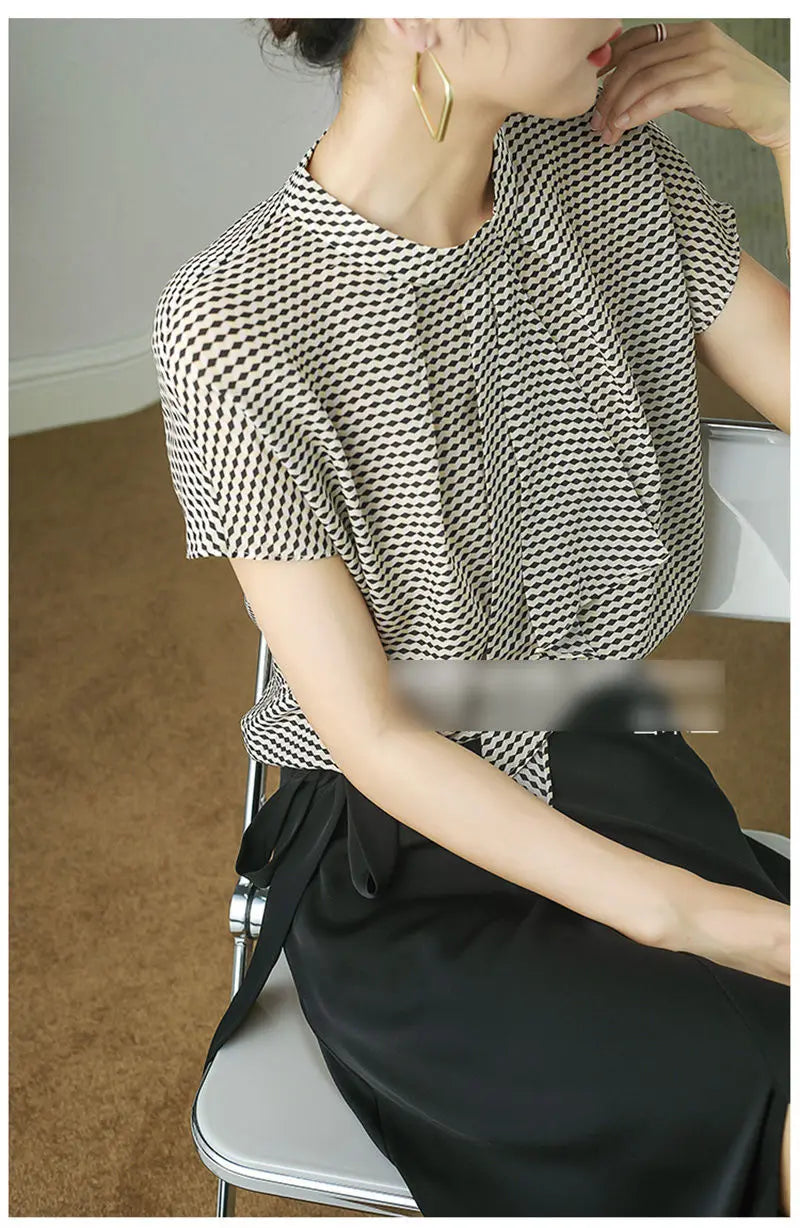 Striped Chiffon Shirt  Women Short-sleeved Fashionable Loose French Chic Feminine Belly Covering Top