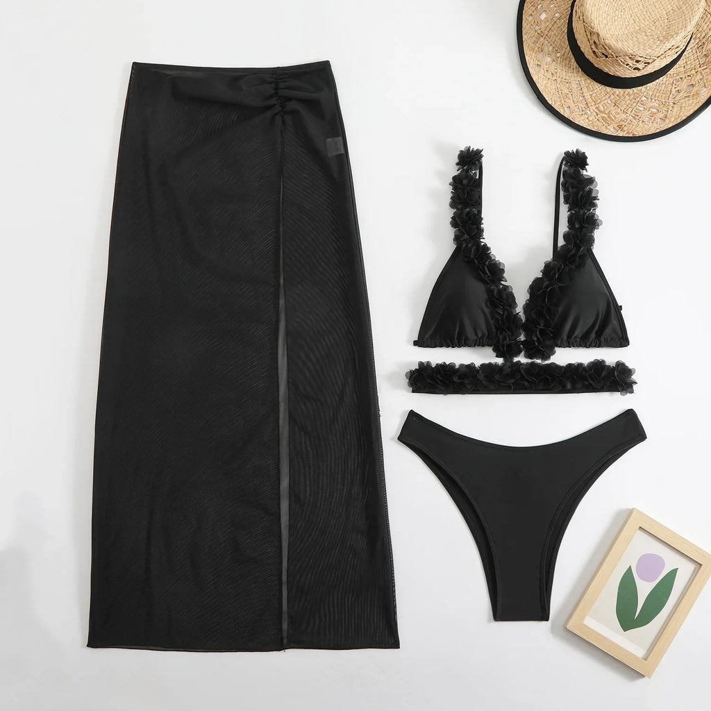 New Solid Color Lace Sexy Three-piece Mesh Dress Bikini