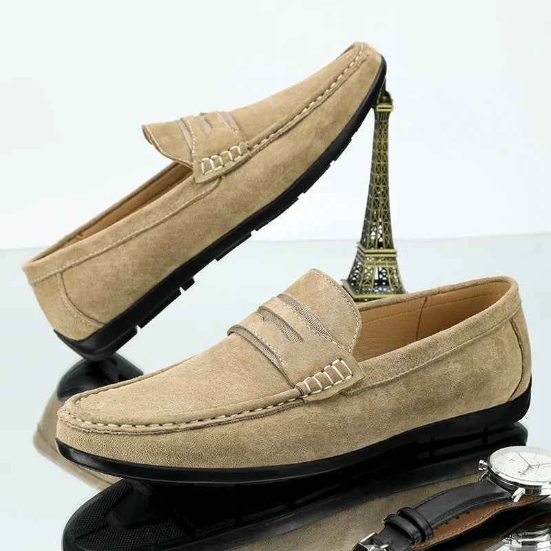 Spring Summer Suede Men Loafers Comfortable Flat Casual Shoes Men Breathable Slip-On Soft Genuine Leather Driving Shoes Moccasin