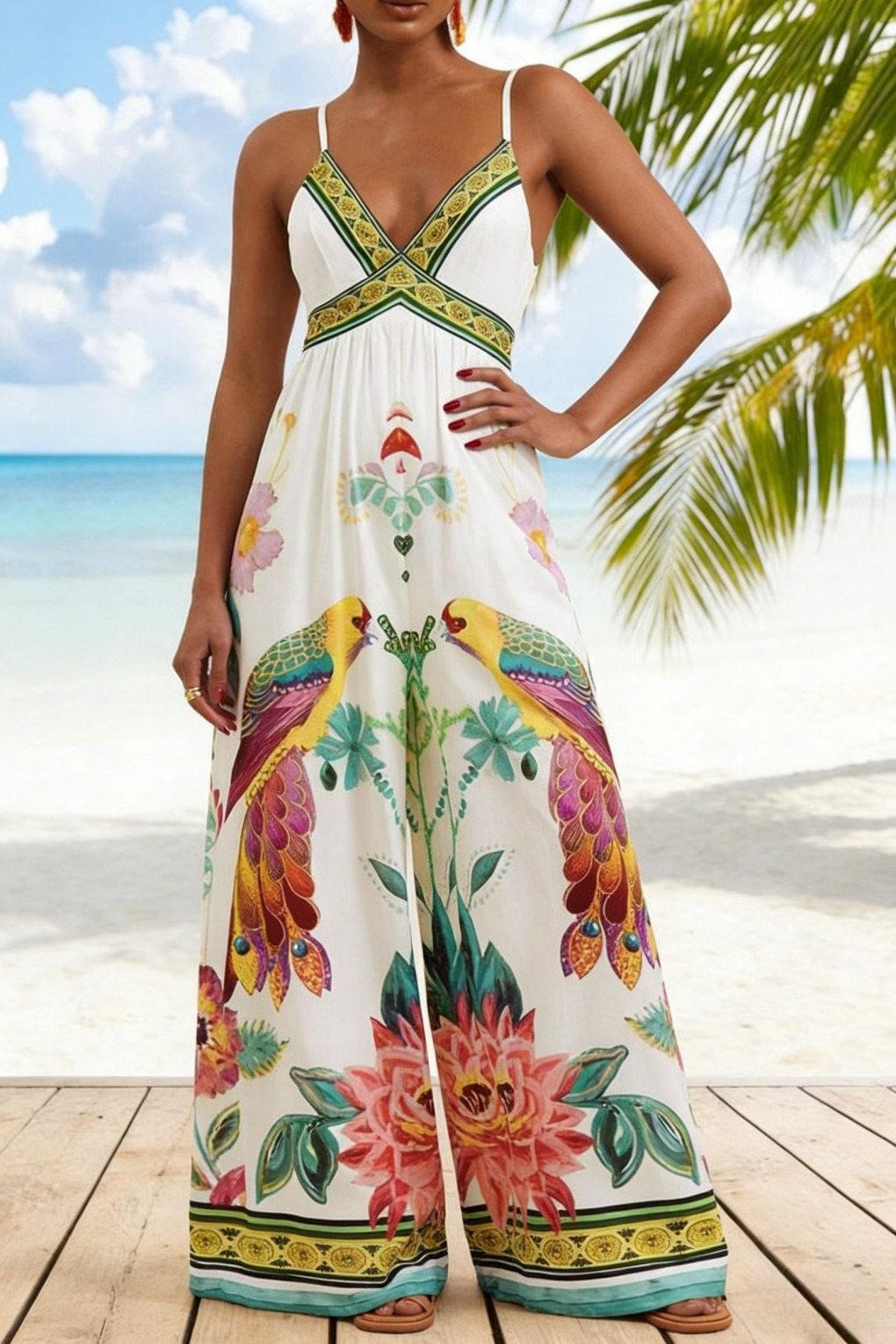 Summer Trendy Sexy V-Neck Print Halter Wide-Leg Jumpsuit