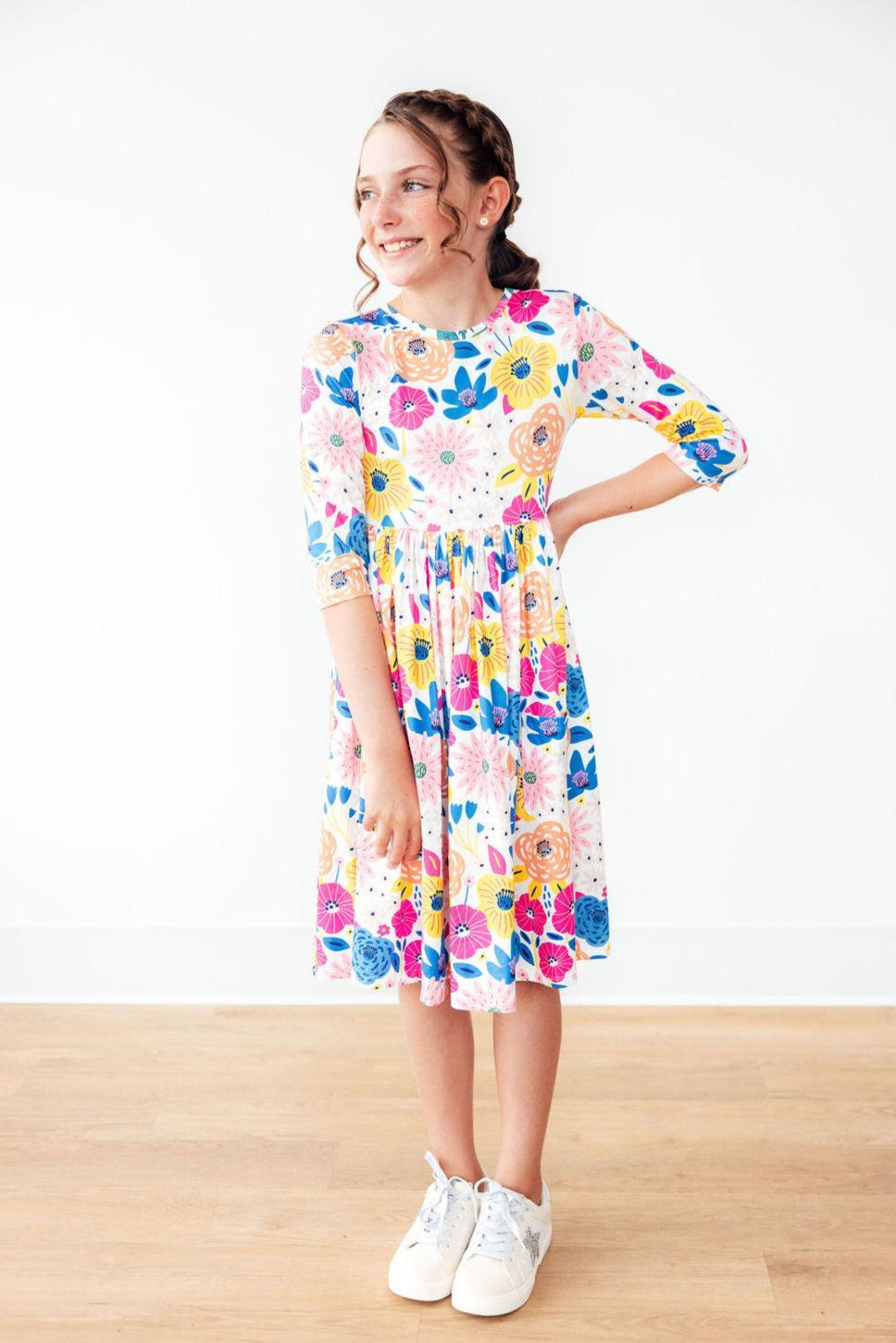 SALE Sunshine Floral 3/4 Sleeve Pocket Twirl Dress
