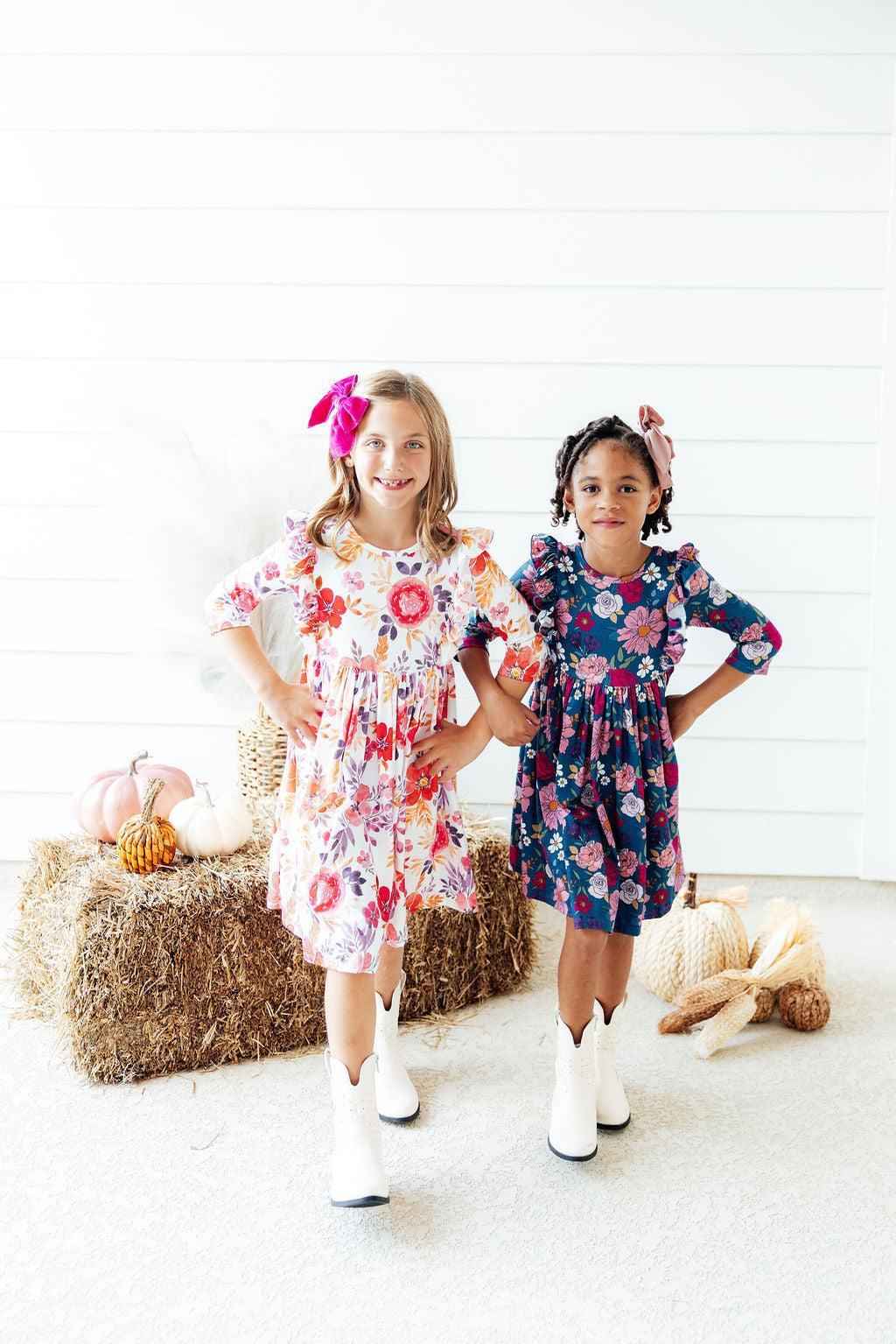 Tangerine Leaves 3/4 Sleeve Ruffle Twirl Dress