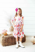 Tangerine Leaves 3/4 Sleeve Ruffle Twirl Dress