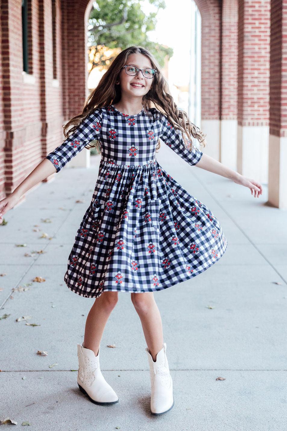Texas Tech Plaid Raider Red 3/4 Sleeve Pocket Twirl Dress