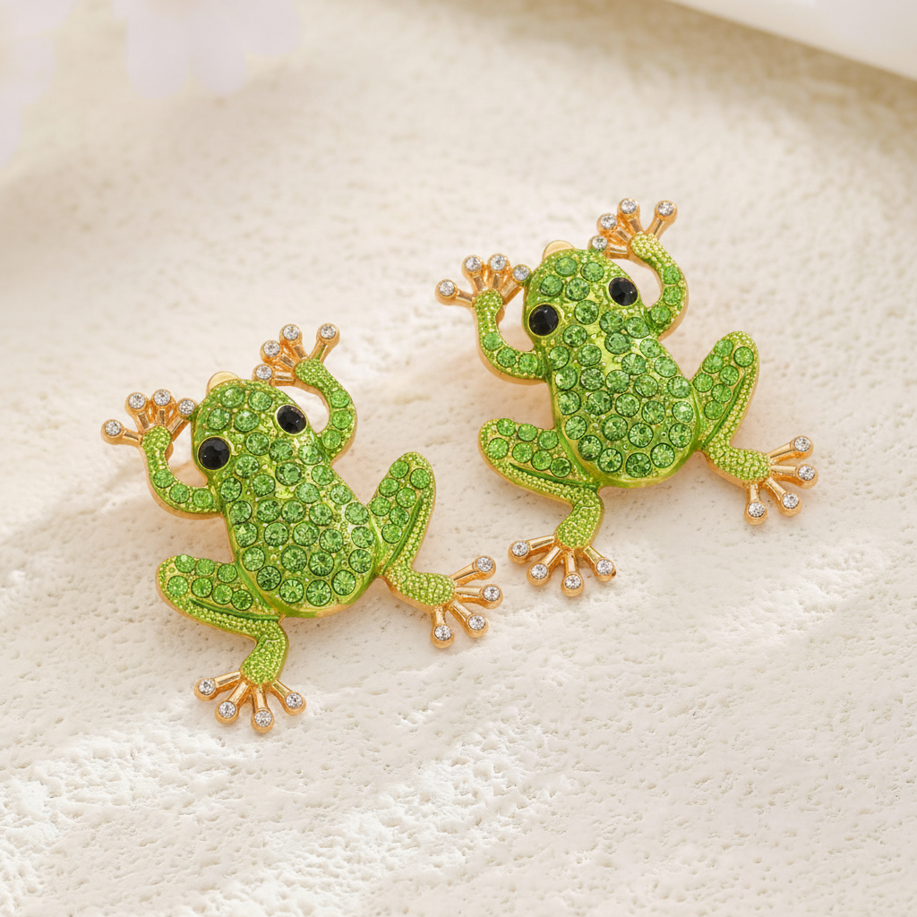 Trendy Frog Animal Earrings with Crystal & Pearl Accents
