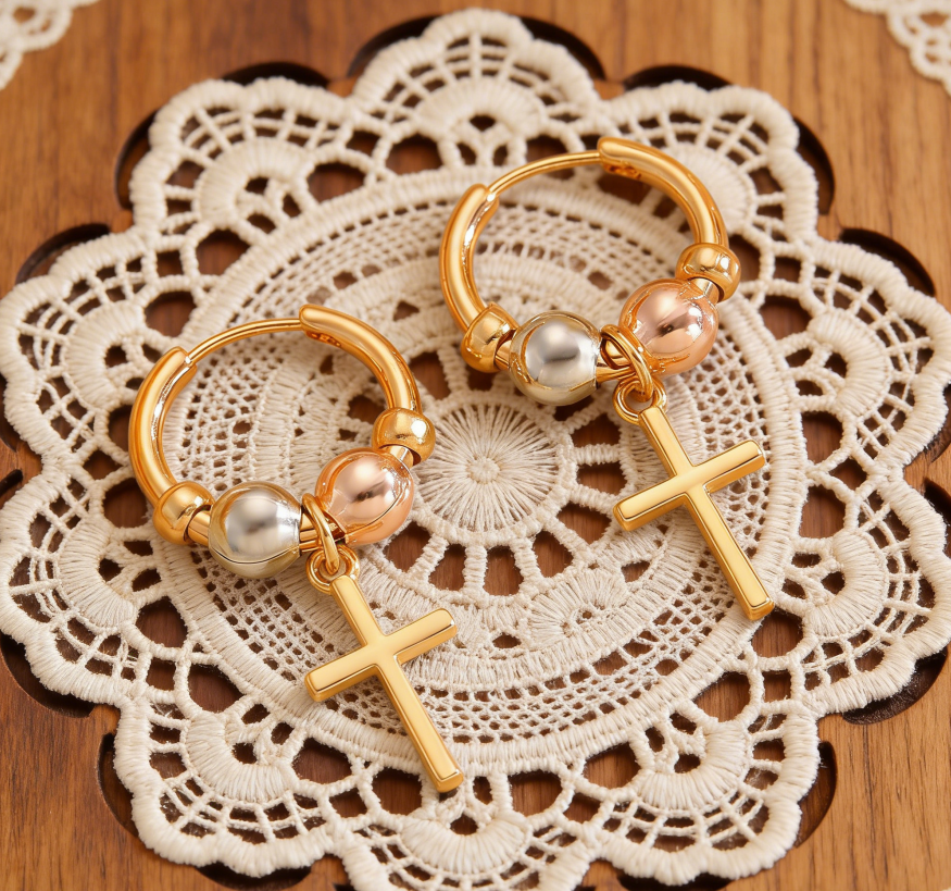 Cross Pendant & Beaded Hoop Earrings