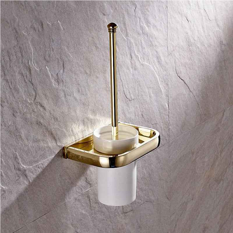Luxury Shower Bathroom Accessories Set, Towel Ring, Paper Holder, Coat Hook, Toilet Brush, Polished Gold, Bath Hardware