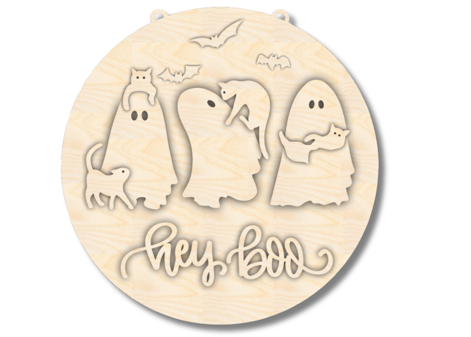 Unfinished Wood Hey Boo Ghost Cat Door Sign Kit | Wood Craft Cutouts | 1/4" Thick |