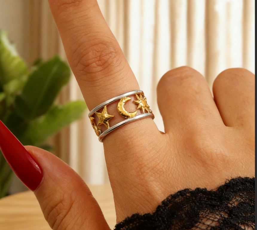 Classic 18K Gold Stainless Steel Star & Moon Ring