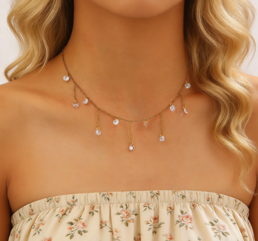 Stainless Steel Sparkling Zircon Tassel Necklace