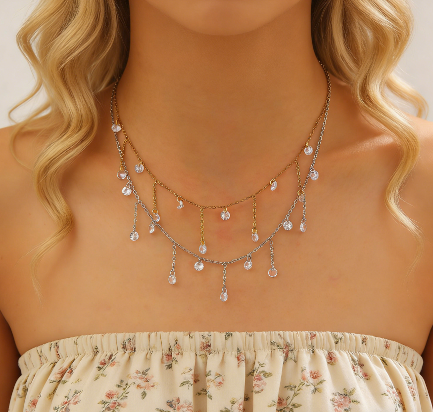 Stainless Steel Sparkling Zircon Tassel Necklace