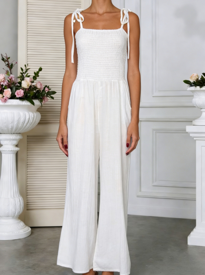 Square Neck Smocked Wide-Leg Jumpsuit