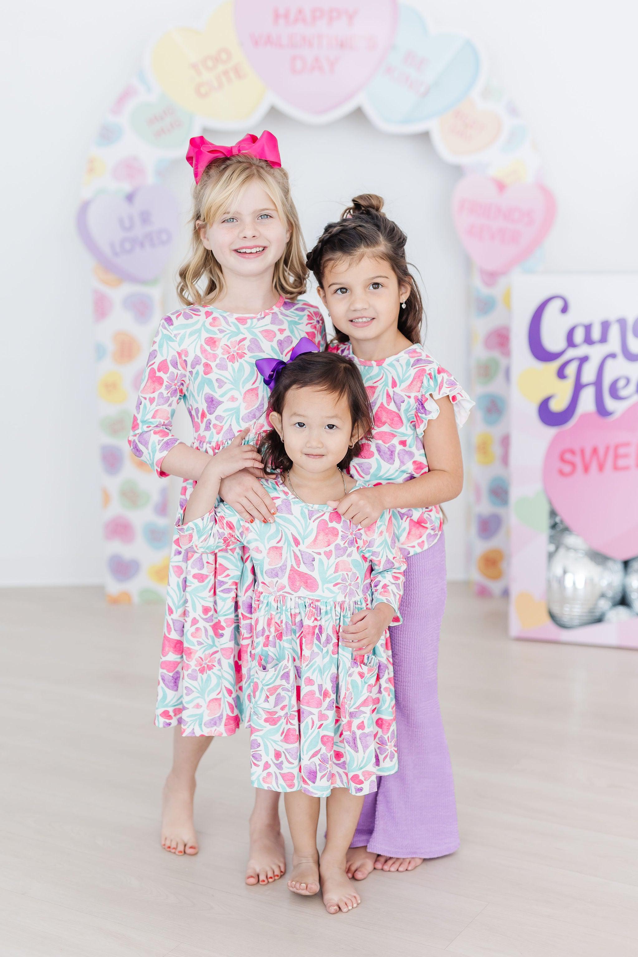 SALE Watercolor Hearts 3/4 Sleeve Pocket Twirl Dress