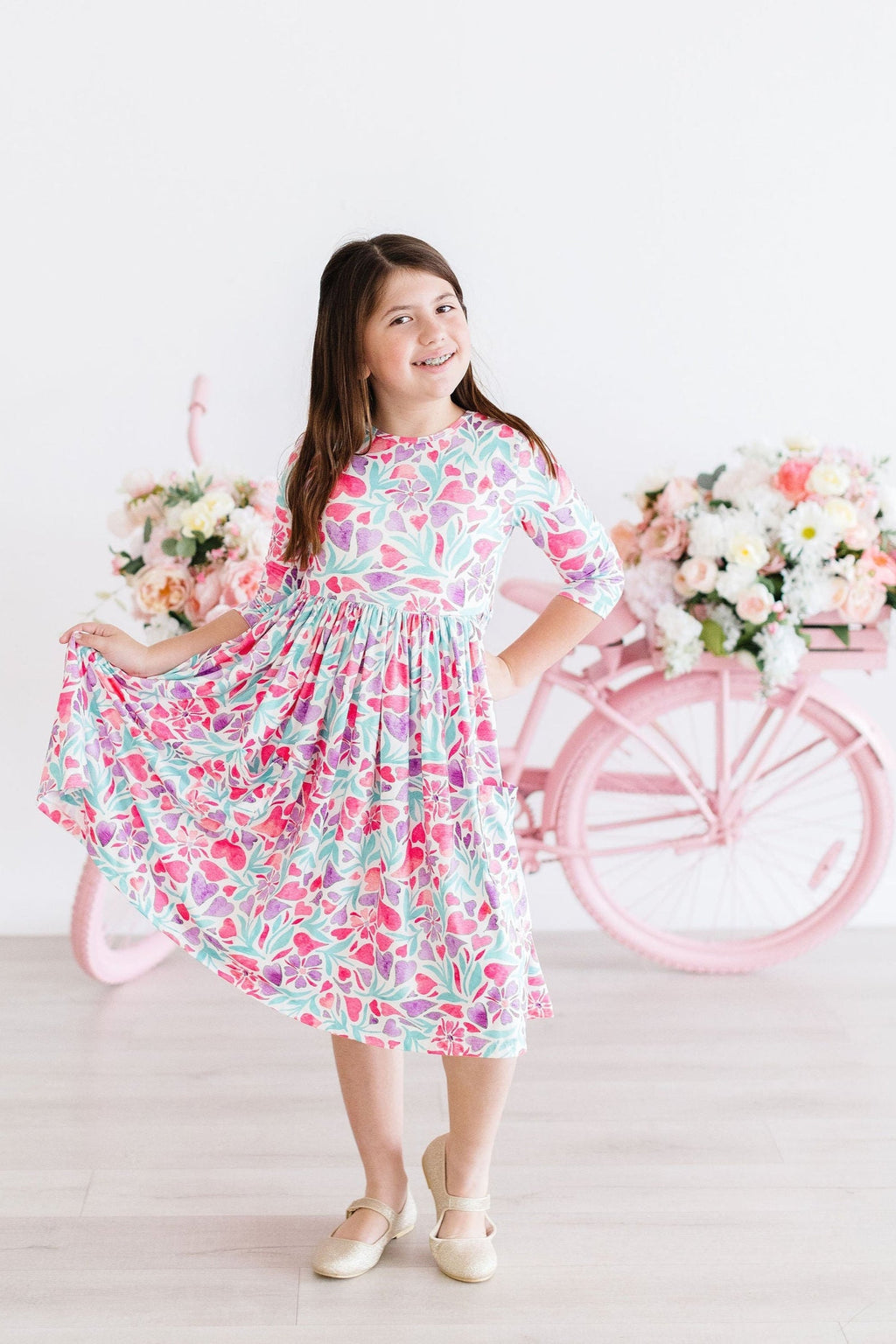 SALE Watercolor Hearts 3/4 Sleeve Pocket Twirl Dress