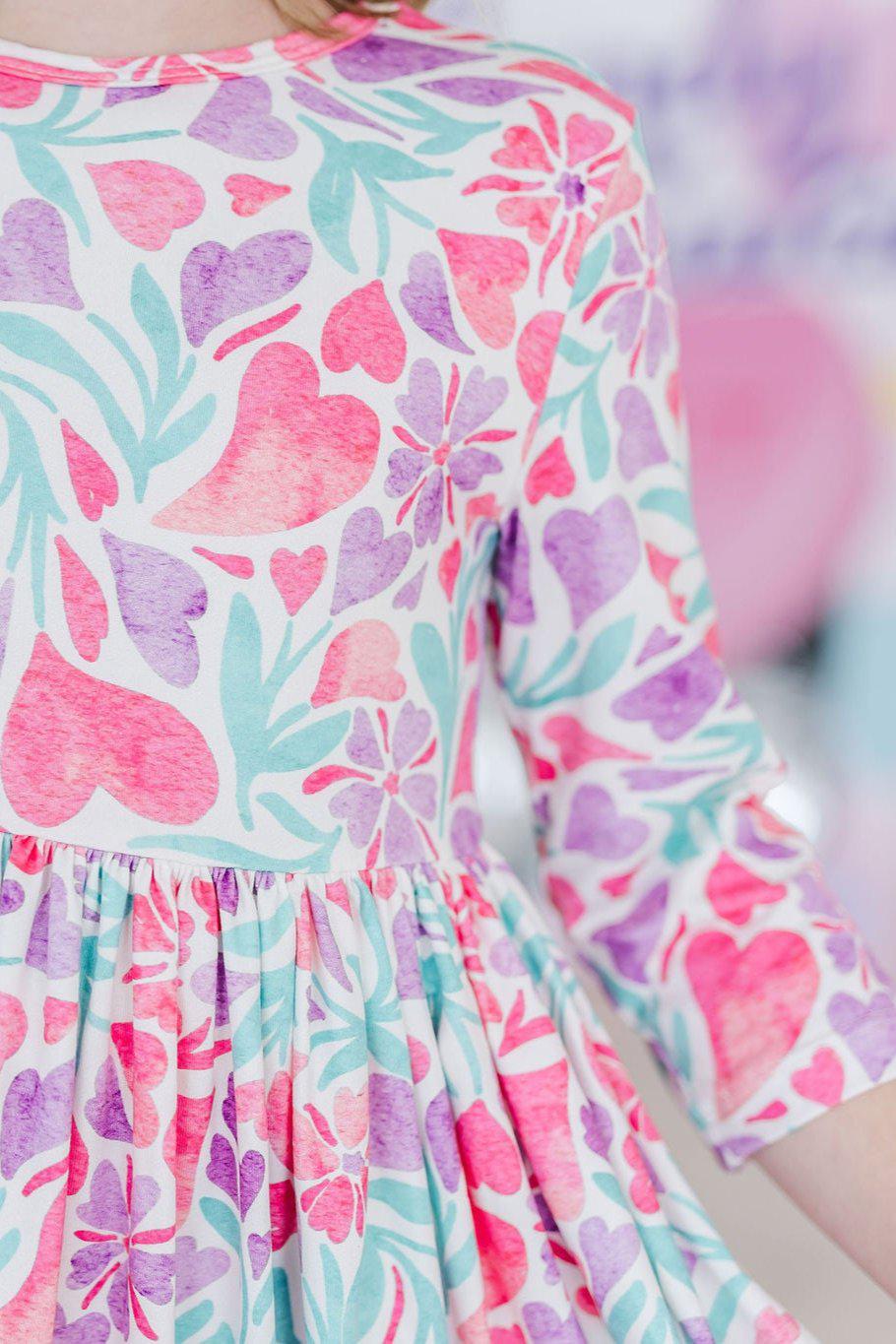 SALE Watercolor Hearts 3/4 Sleeve Pocket Twirl Dress
