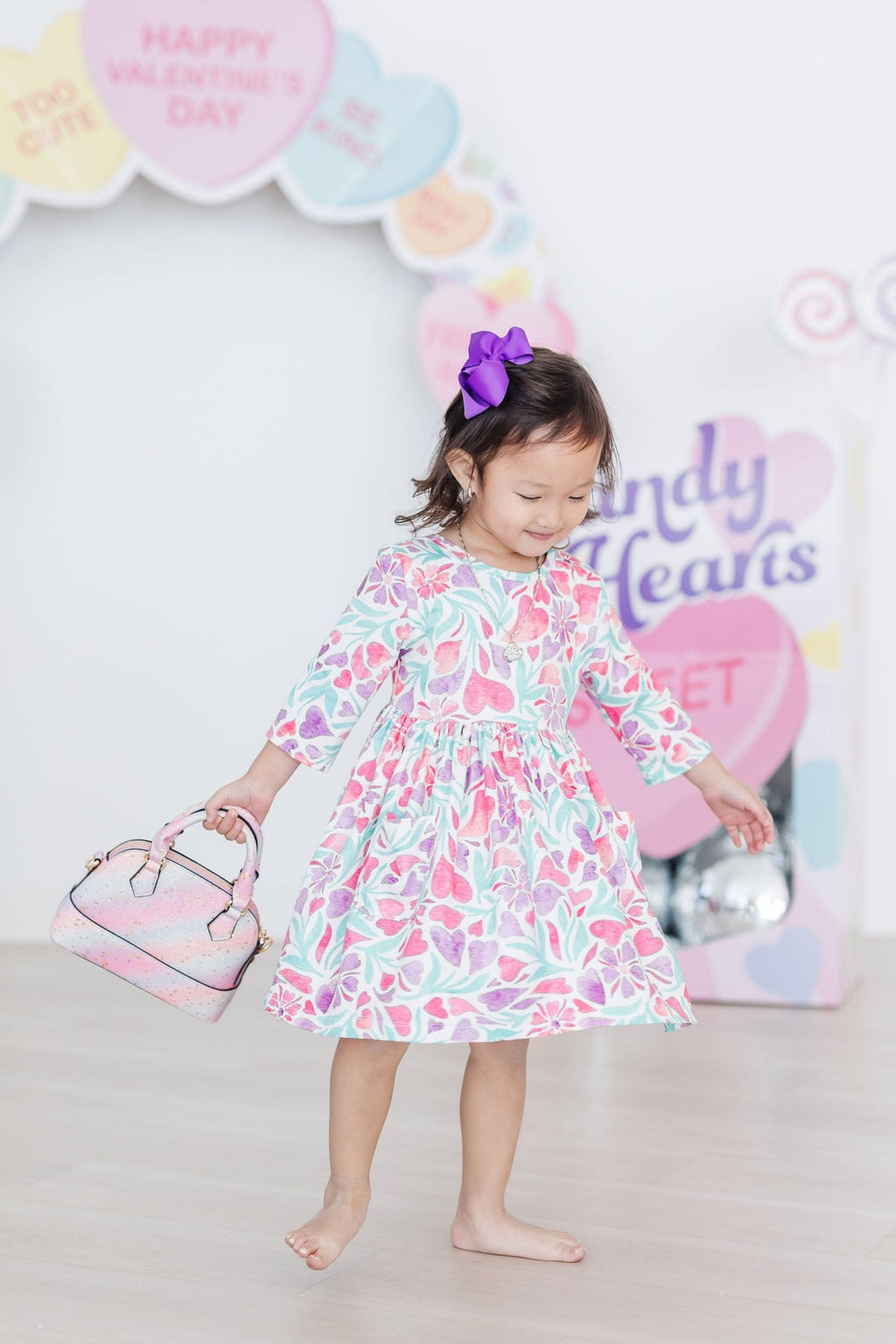 SALE Watercolor Hearts 3/4 Sleeve Pocket Twirl Dress