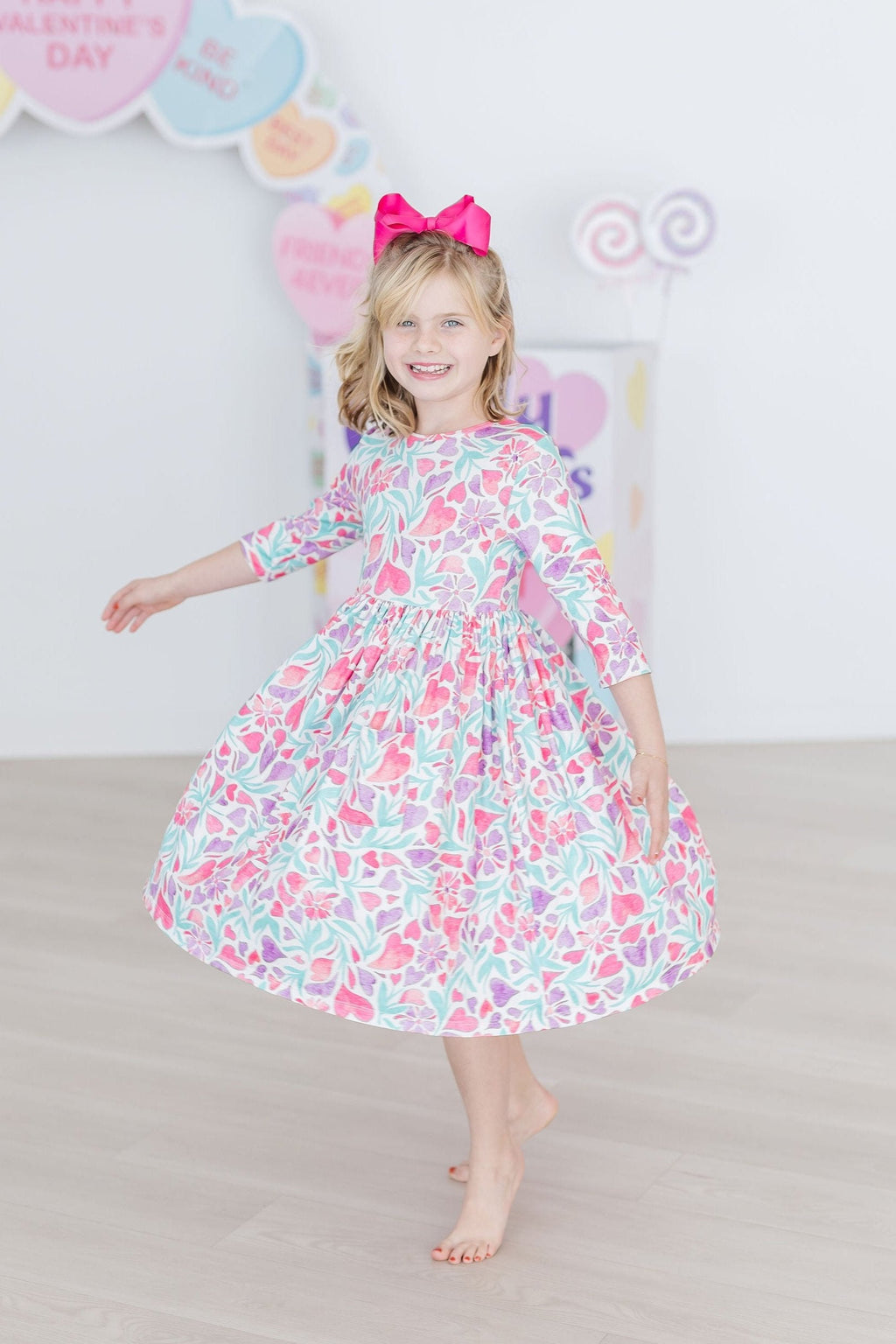 SALE Watercolor Hearts 3/4 Sleeve Pocket Twirl Dress