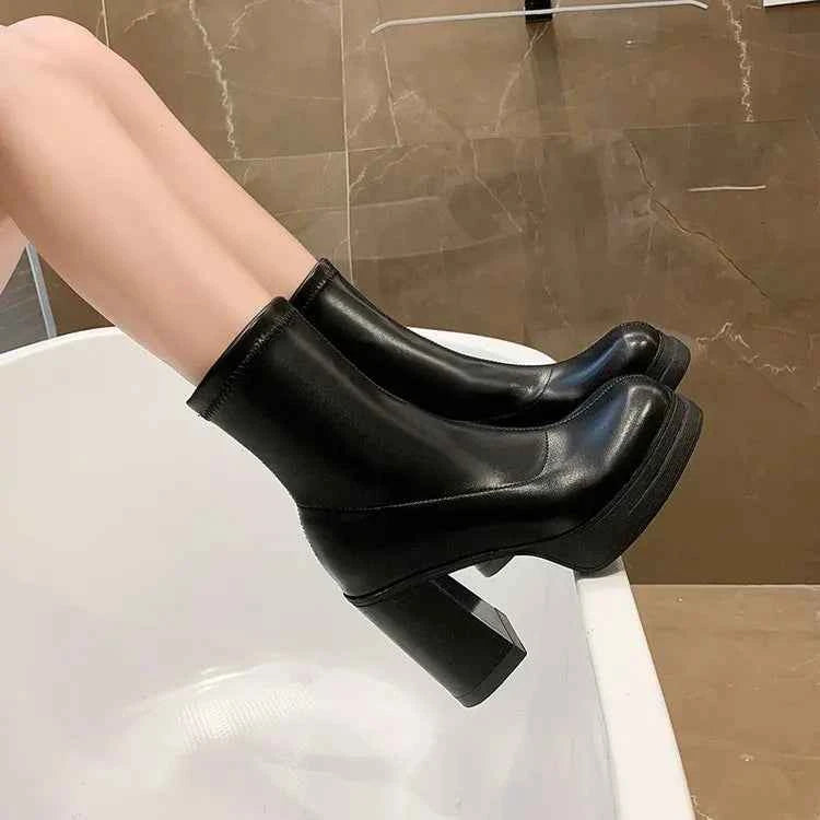 Winter Boots Lady Boots-Women Shoes Zipper Luxury Designer Rubber High Heel Ankle Fashion Rome Solid PU Basic Square Toe