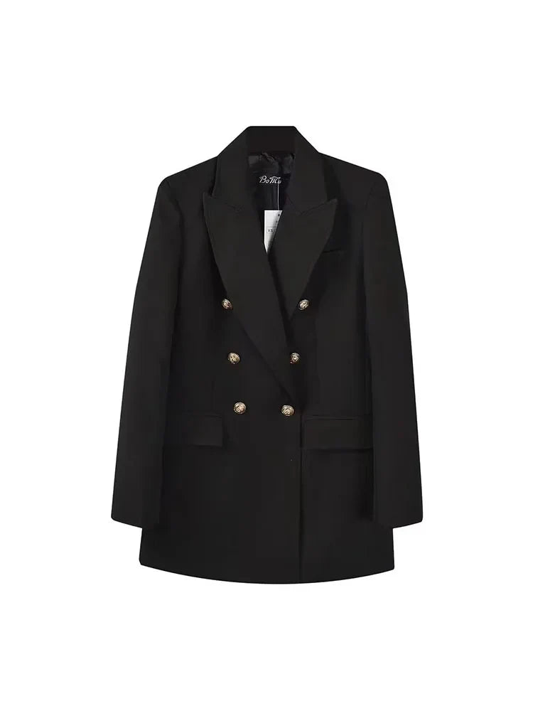 Women's Double Breasted Blazer - Vintage Long Sleeve Outerwear with Pockets