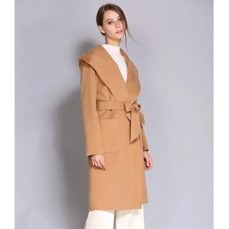 Women's Double-Sided Cashmere Wool Coat - Long Hooded Buttonless Mid-Length Coat with Lace-Up Design