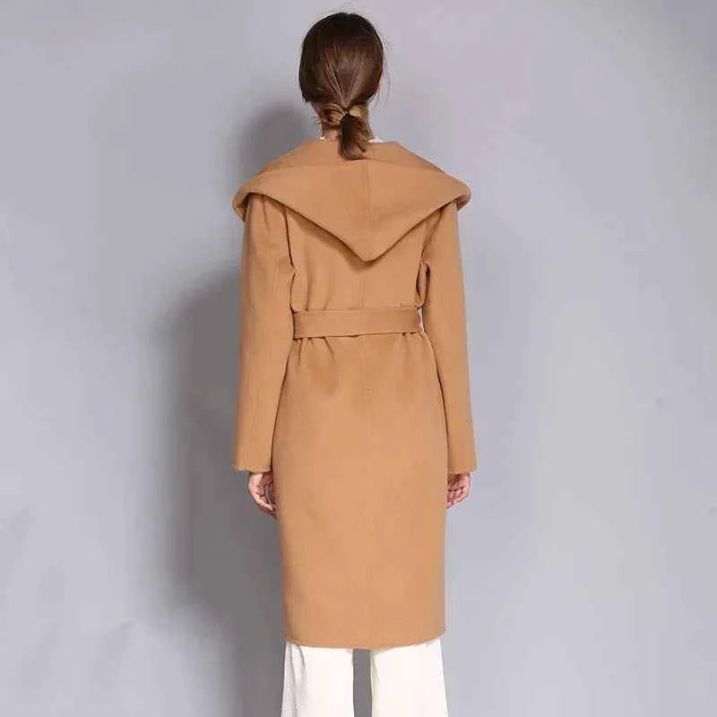 Women's Double-Sided Cashmere Wool Coat - Long Hooded Buttonless Mid-Length Coat with Lace-Up Design