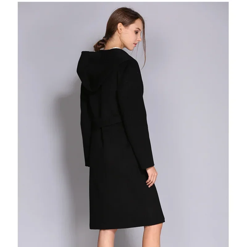 Women's Double-Sided Cashmere Wool Coat - Long Hooded Buttonless Mid-Length Coat with Lace-Up Design
