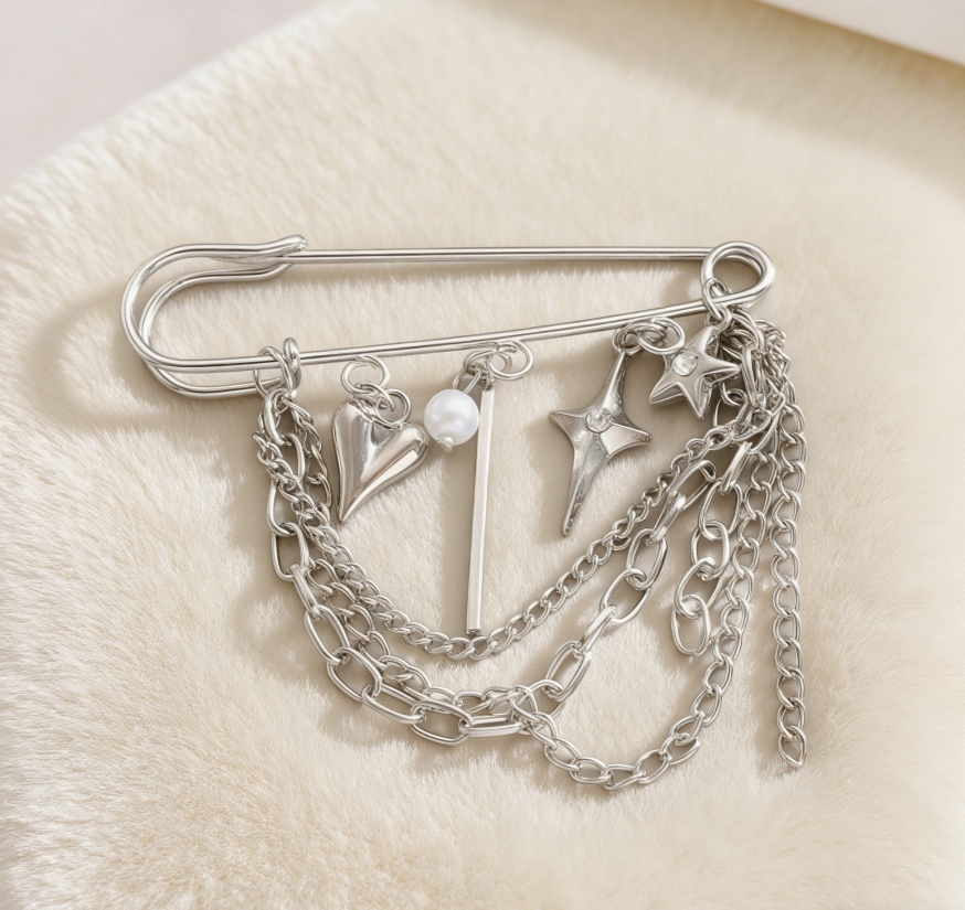 Heart, Star & Four-Pointed Star Tassel Brooch
