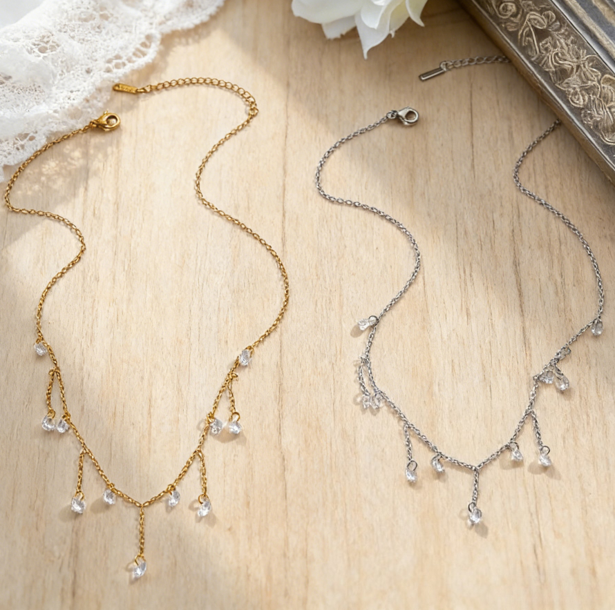 Stainless Steel Sparkling Zircon Tassel Necklace