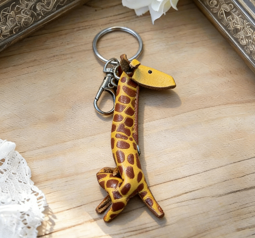 Cute Giraffe Genuine Leather Keychain