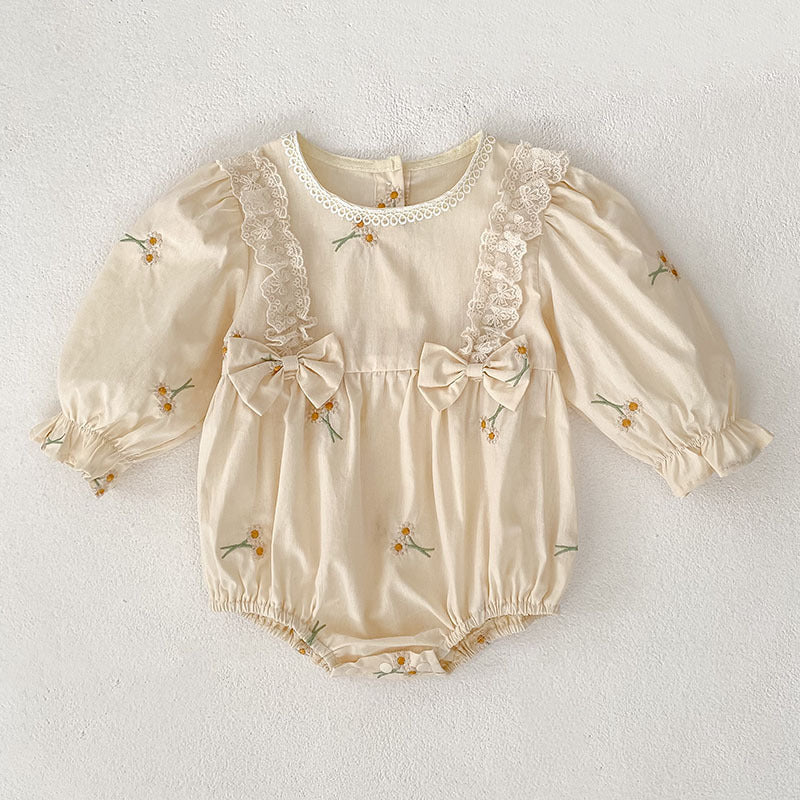 Baby Bodysuit With Long Sleeves Bow And Embroidery