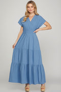 Surplice Short Sleeve Tiered Maxi Dress With Pockets For Women – Elegant, Versatile, Comfortable and Functional with Flattering Surplice Neckline and Tiered Design for Effortless Style