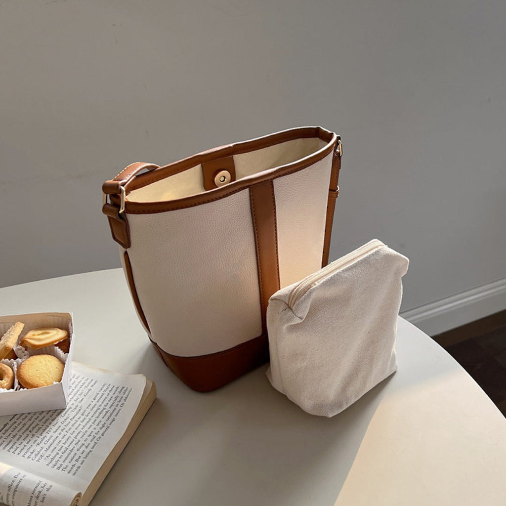 Retro Fashion Simple Texture Splicing Bucket Bag - Versatile Women's Shoulder & Crossbody Bag