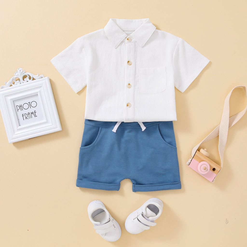 Boy's Short-sleeved Shirt Top Solid Color Shorts Two-piece Suit