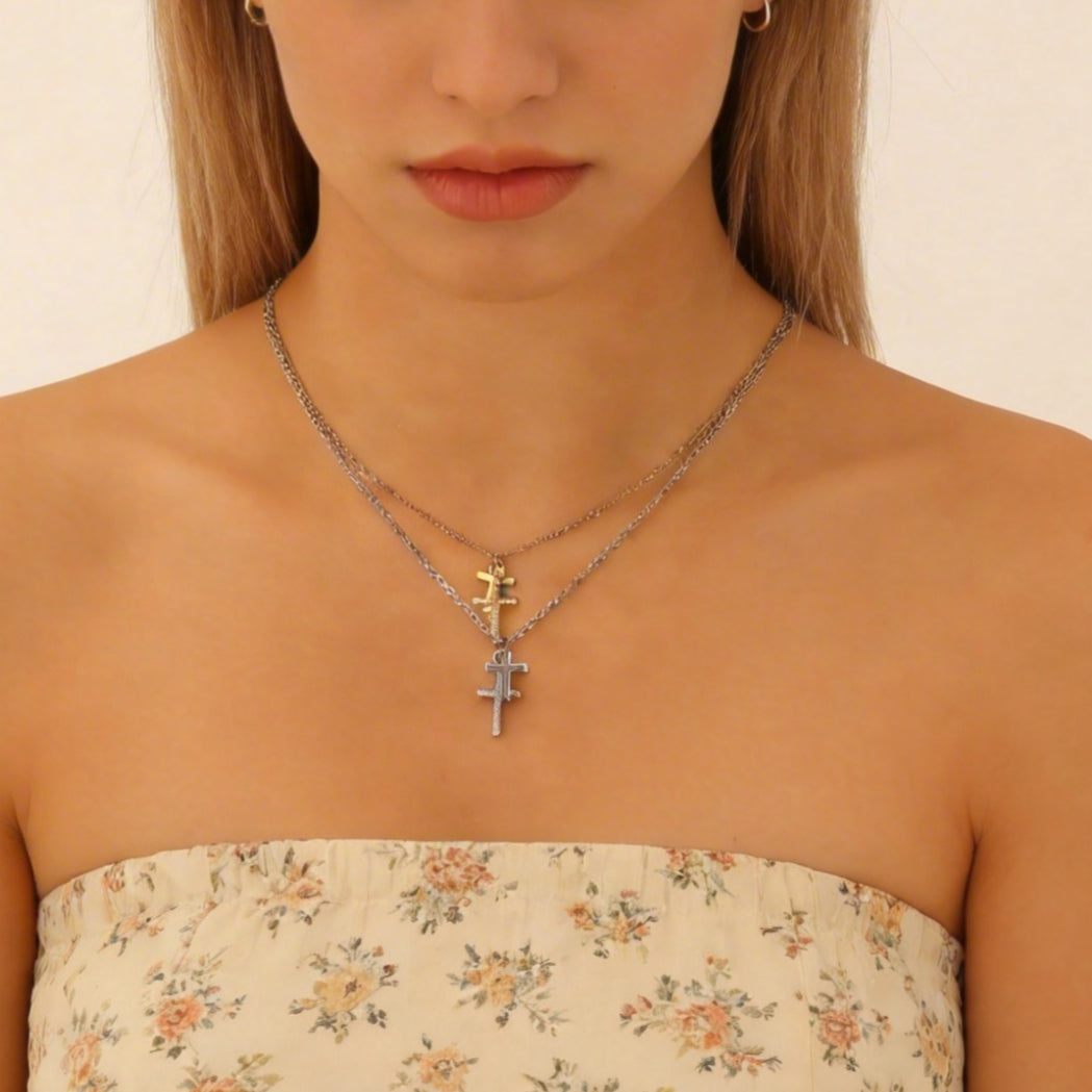 Double Cross Necklace Women Luxury Zircon Cross Pendant Clavicle Chain Daily Office Jewelry