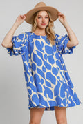 Blue Two Tone Abstract Print Puff Sleeve Dress Trendy Modern Print Dress for Women Summer Dress