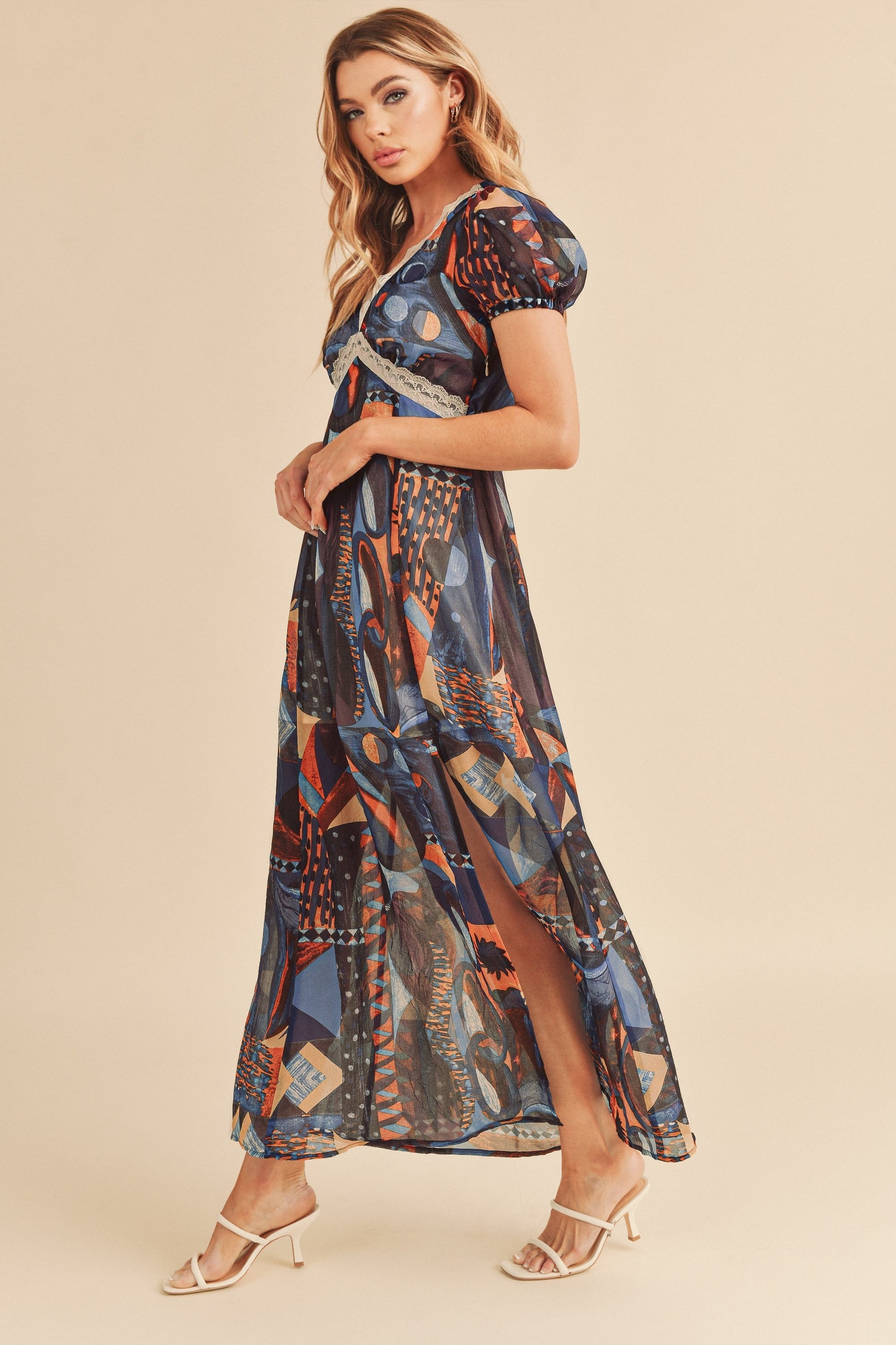 Lace Detail Slit Geometric Print Short Sleeve Comfortable Maxi Dress For Women, Elegant Lace, Alluring Slit, Sophisticated Geometric Print for Casual & Dressy Occasions