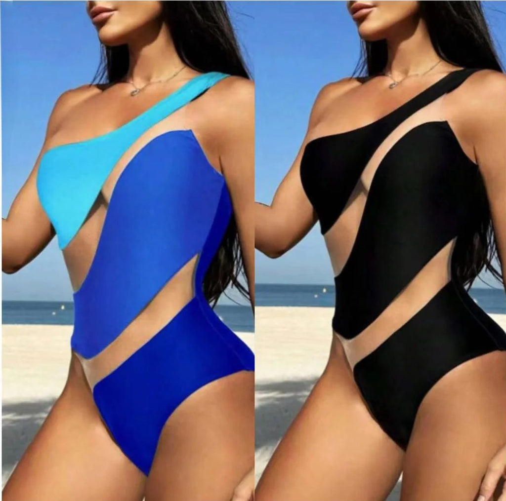 Sexy Tight Mesh Stitching Hollow Shoulder One-piece Women's Swimsuit Bikini