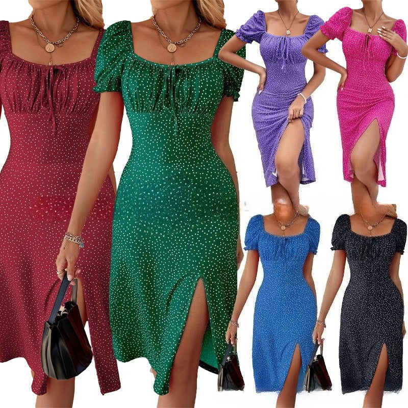 Women's Square Neck Short Sleeve Bodycon Polka Dot Bohemian Dress Vacation Beach Dress