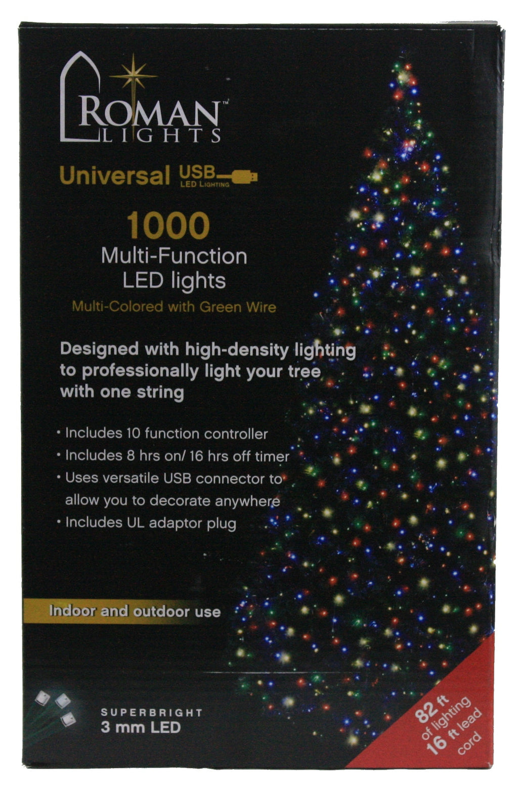 USB powered 1000 Superbright LED (82 foot) Green Wire Multifunction Lights with Timer - Multicolor