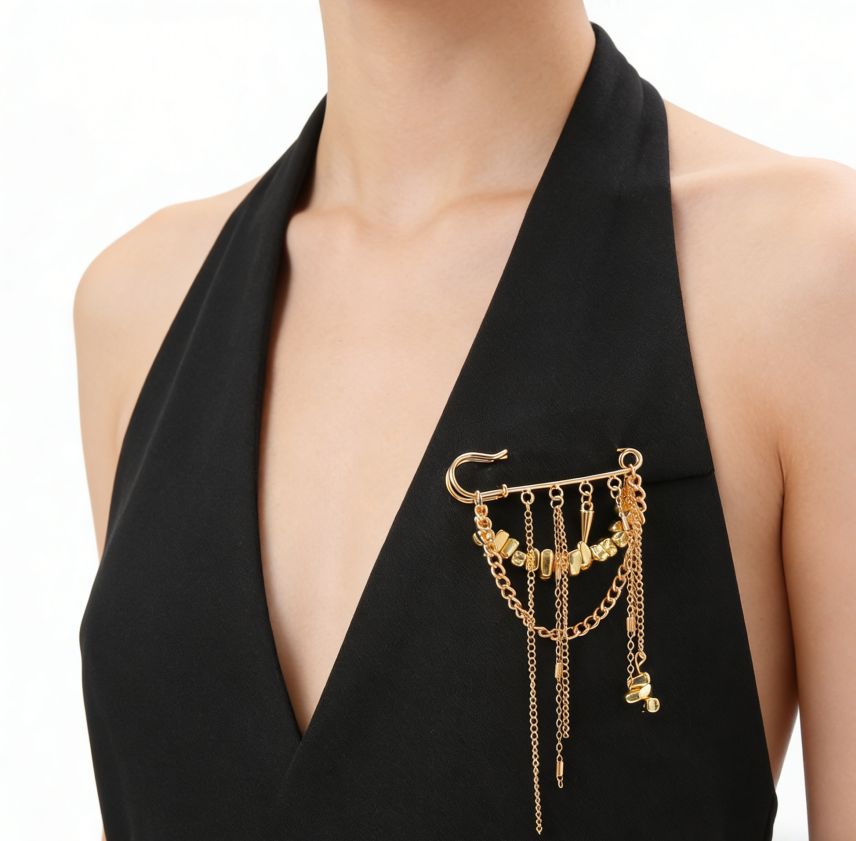Chain Tassel & Rivet Silver Chip Brooch