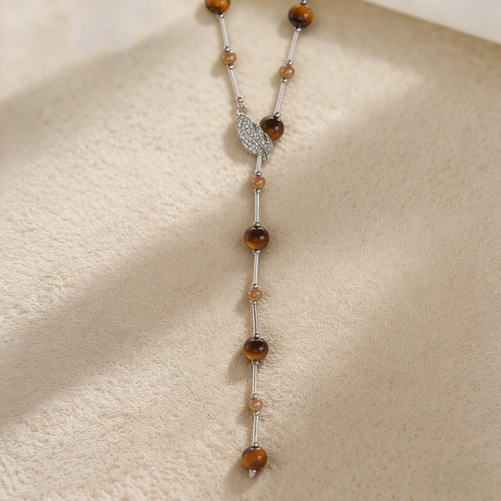 Vintage Beaded Long Necklace with Leaf Pendant