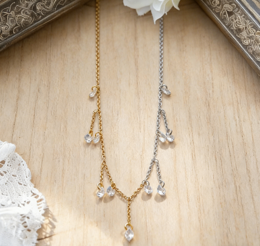 Stainless Steel Sparkling Zircon Tassel Necklace