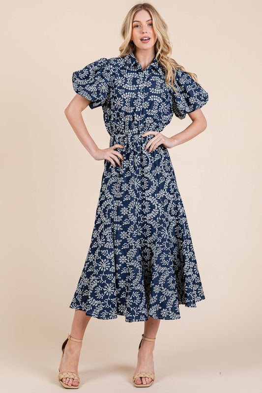 Natural Leaf Pattern Eyelet Lace Puff Sleeve Dress For Women – Elegant and Feminine Eyelet Lace Dress with Puff Sleeves